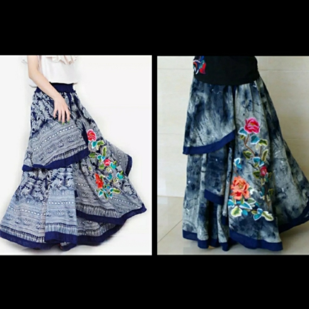 BOHO Layred Embroidered Jean maxi Skirt Womens